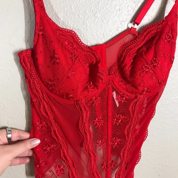 Shirley of Hollywood Red Mesh and Lace Underwire Corset Size 36 - Picture 2 of 6